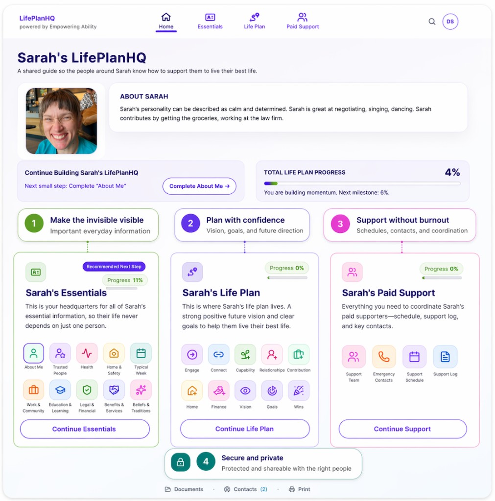 LifePlanHQ dashboard showing a loved one’s profile, progress, essentials, life plan, and support information together in one place